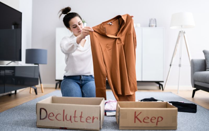 Woman Deciding to Declutter or to Keep